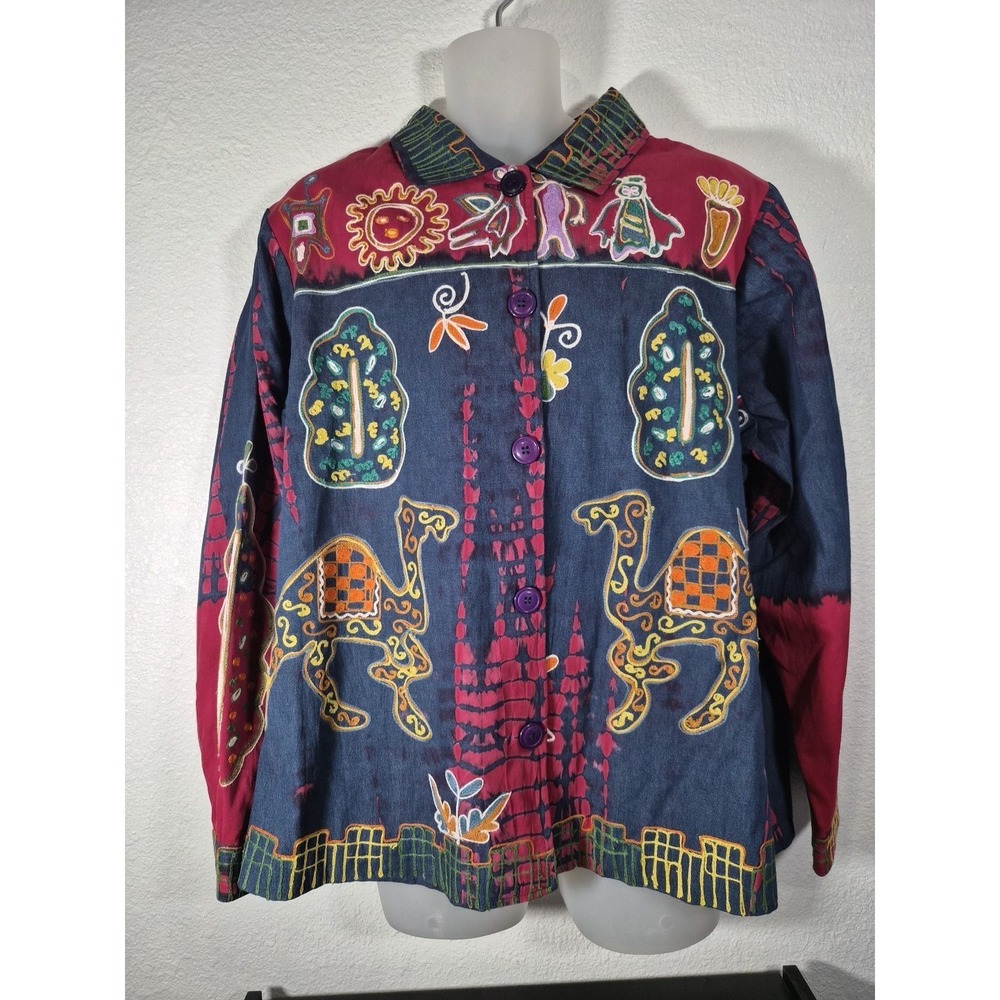 Spirit by Sandy Starkman Shirt Jacket Embroidery Camels Tribal Boho Button Up 2X